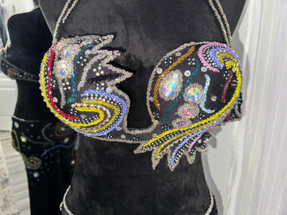 Black and Multicolor Hand-Beaded Bellydance Costume
